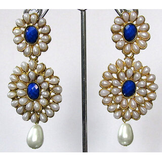 Pearl Double Flower Blue Kundan Drop Earring - Earrings | Buy online on ZillyBuy