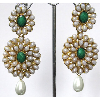 Pearl Double Flower Green Kundan Drop Earring - Earrings | Buy online on ZillyBuy