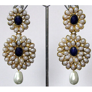 Pearl Double Flower Dark Blue Kundan Drop Earring - Earrings | Buy online on ZillyBuy