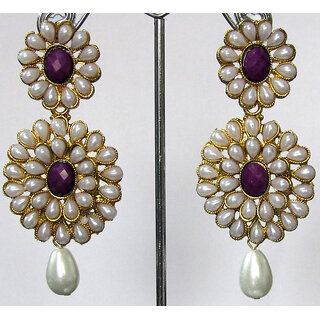 Pearl Double Flower Purple Kundan Drop Earring - Earrings | Buy online on ZillyBuy