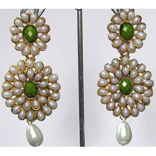 Pearl Double Flower Parrot Green Kundan Earring - Earrings | Buy online on ZillyBuy