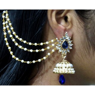 Dark Blue Drop Jhumka With Pearl Ear Chain Earring - Earrings | Buy online on ZillyBuy