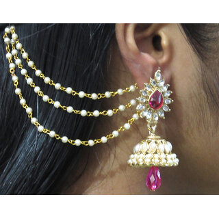 Dark Pink Drop Jhumka With Pearl Ear Chain Earring - Earrings | Buy online on ZillyBuy