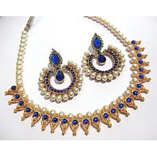 Dark Blue Pearl Leaf Tilak Polki necklace set