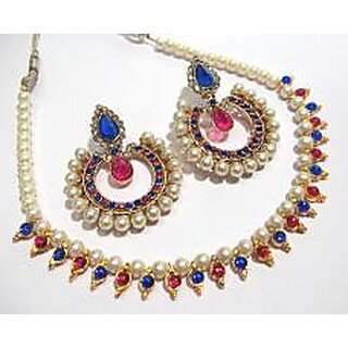 Pink and Blue round stone tilak polki necklace set