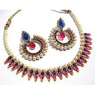 Pink and blue stone Leaf Tilak Polki Necklace set