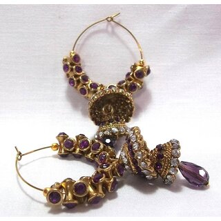 Golden purple stone double jhumki earrings - Earrings | Buy online on ZillyBuy