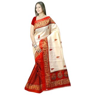 Meia Beige Bhagalpuri Silk Block Print Saree With Blouse - Sarees | Buy online on ZillyBuy