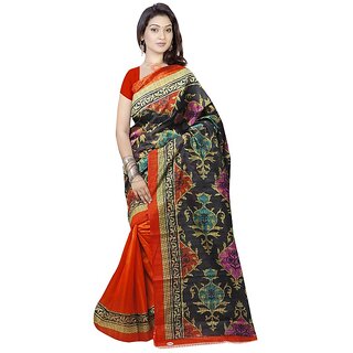 Svb Sarees Orange Multicolor Bhagalpuri Silk Block Print Saree With Blouse - Sarees | Buy online on ZillyBuy