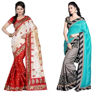 Pack of 2 Sharda Creation Multicolor Art Silk Block Print Casual Sarees With Blouse - Sarees | Buy online on ZillyBuy