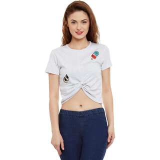 Premium Women Miss Chase Women's Gray Round Neck Half Sleeves Crop Solid/Plain Top 2026 at ShopC