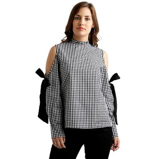 Modern Women Women's Black And White Ruffled Round Neck Tie-Up Full Sleeve Cotton Checkered Fril