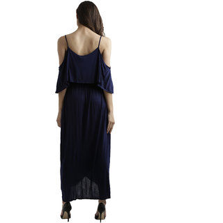 Best Women Women's Navy Blue Round Neck Half Sleeve Solid Gathered Layered Cold Shoulder Wrap Ma