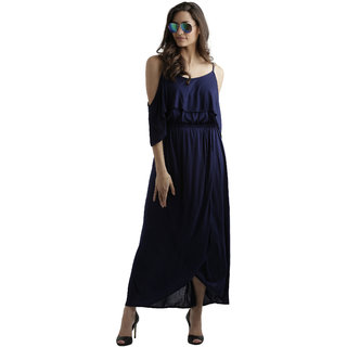 Best Women Women's Navy Blue Round Neck Half Sleeve Solid Gathered Layered Cold Shoulder Wrap Ma
