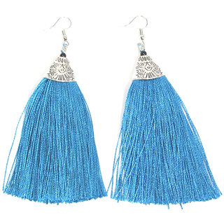 Fancy Silver palting long soft silk Sky blue thread earring - Earrings | Buy online on ZillyBuy