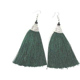 Fancy Silver palting long soft silk Green thread earring - Earrings | Buy online on ZillyBuy
