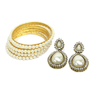 Pearl Bangles Set of 4 with Pearl Tilak Earring - Jewellery Sets | Buy online on ZillyBuy