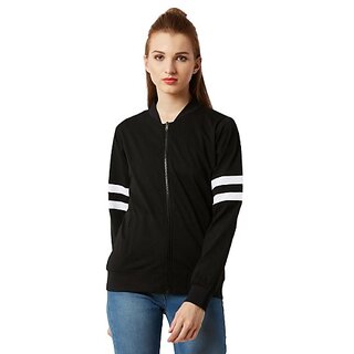 Miss Chase Women's Black Round Neck Full Sleeve Cotton Solid Stripe Detailing Bomber Jacket - Jackets & Coats | Buy online on ZillyBuy