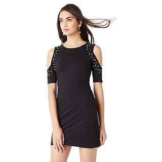 Sophisticated Women Miss Chase Women's Black Round Neck Pearl Half Sleeves Mini Bodycon Cold Sho