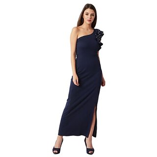 Latest Women Miss Chase Women's Navy Blue One-Shoulder Sleeveless Cotton Solid Ruffled Pearl And