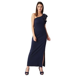 Latest Women Miss Chase Women's Navy Blue One-Shoulder Sleeveless Cotton Solid Ruffled Pearl And