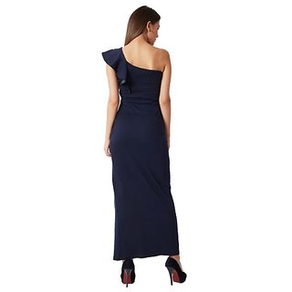 Latest Women Miss Chase Women's Navy Blue One-Shoulder Sleeveless Cotton Solid Ruffled Pearl And