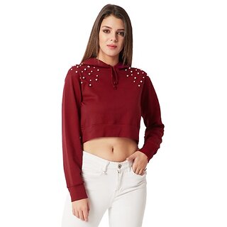 miss chase womens maroon round neck full sleeves cotton solid pearl detailing hooded boxy crop sweatshirt
