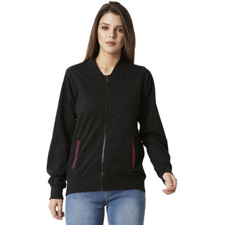Miss Chase Women's Black Round Neck Full Sleeve Cotton Solid Multicolored Twill Tape Detailing Bomber Jacket - Jackets & Coats | Buy online on ZillyBuy