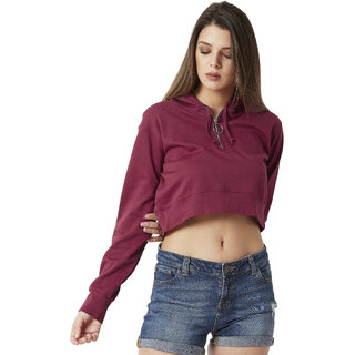 miss chase womens maroon solid round neck full sleeve hooded boxy crop zippered sweatshirt