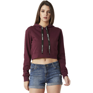 miss chase womens maroon solid round neck full sleeve hooded boxy graphic twill tape detailing crop sweatshirt
