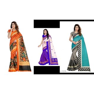 Combo of 3 Sharda Creation Multicolor Block Print Bhagalpuri Silk Saree With Blouse - Sarees | Buy online on ZillyBuy