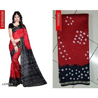 Sharda Creation red black  litchi silk saree with blouse piece - Sarees | Buy online on ZillyBuy