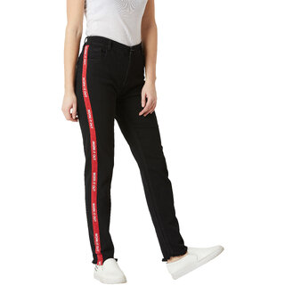 Stylish Women Miss Chase Women's Black Slim Fit High Rise Mildly Distress Regular Length Printed