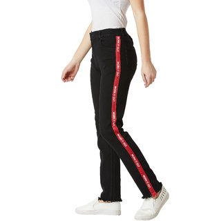 Stylish Women Miss Chase Women's Black Slim Fit High Rise Mildly Distress Regular Length Printed