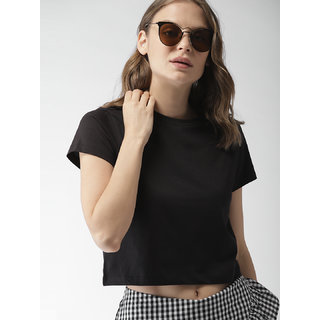Zooks Women Black Solid Round Neck Crop Top